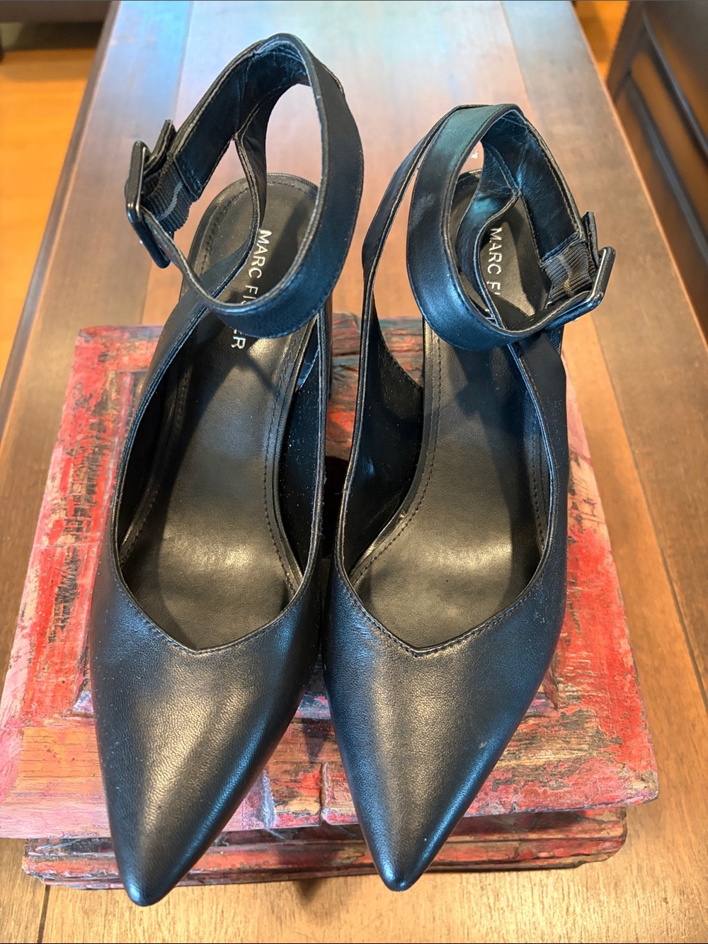 Marc Fisher Black Pointed Ankle-Strap Heels, size 8.5